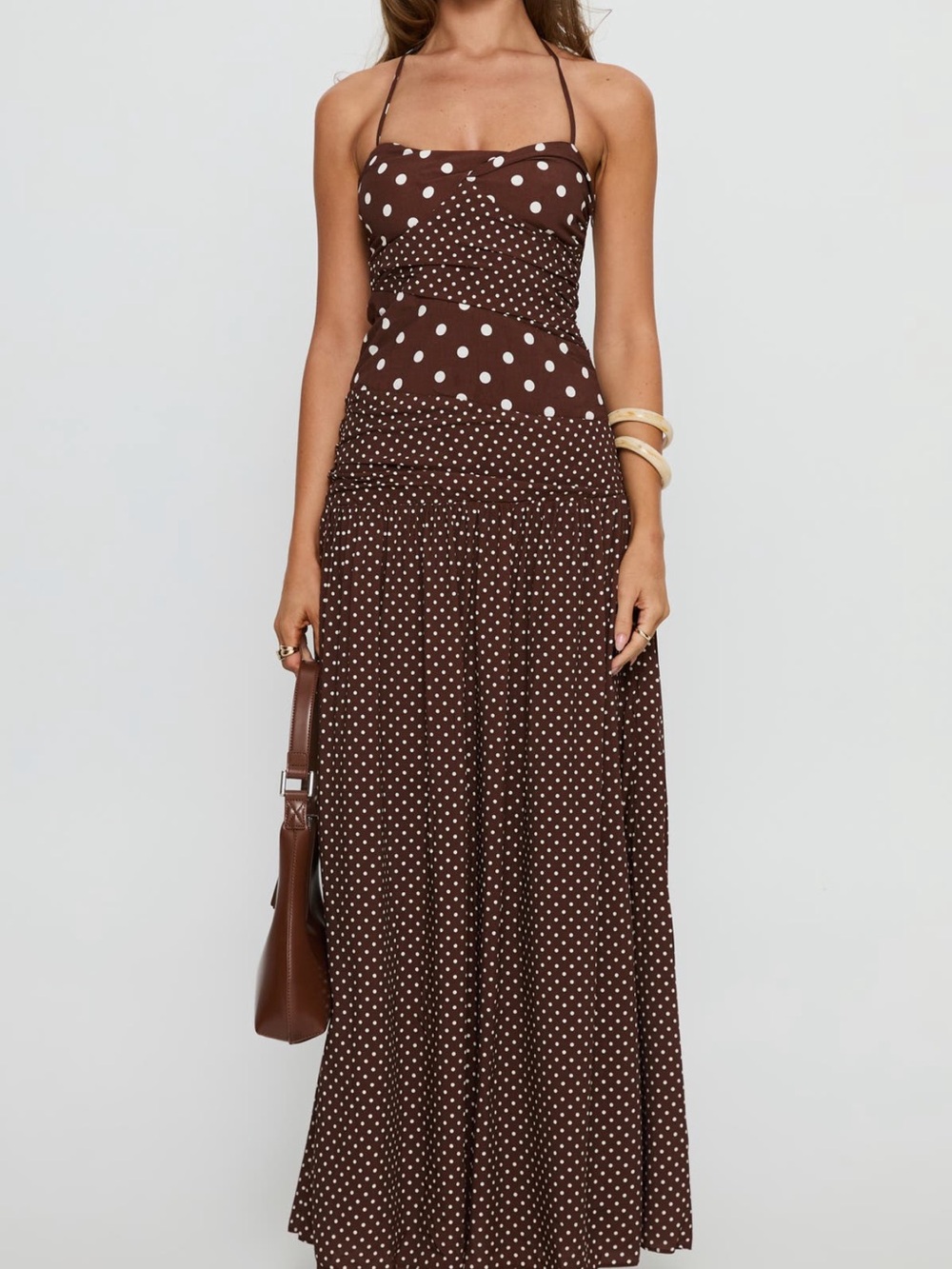 Princess Polly Brown Polka Dot Halter Maxi Dress